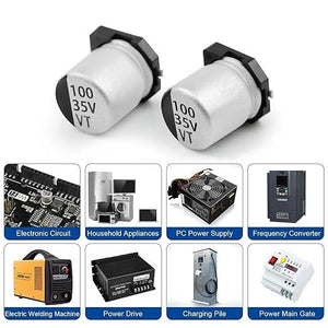 100uF 35V Vt SMD Capacitor | High-quality Surface Mount Capacitor | Digilog.pk - two silver cylindrical surface-mount capacitors with black bases and various electronic device application icons.