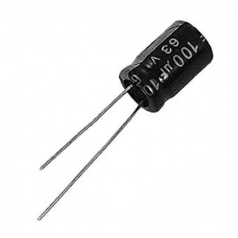 100uF 63V Electrolytic Capacitor - shown as a black cylindrical radial component with two metal leads and printed text indicating its capacitance and voltage.