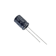 100uF 63V Electrolytic Capacitor - a black, cylindrical electronic component with two wire leads and white text indicating its specifications.