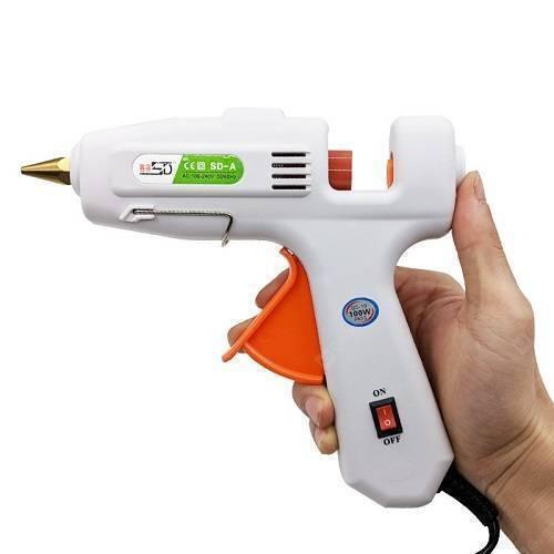 100W Hot Melt Glue Gun SD-a - a white plastic body, orange trigger, gold-toned nozzle, and an on-off power switch.