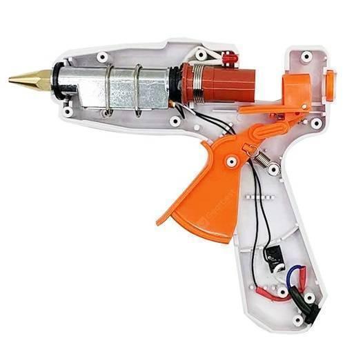 100W Hot Melt Glue Gun SD-a - shown with its white plastic casing opened to reveal the internal heating element, trigger mechanism, and wiring.