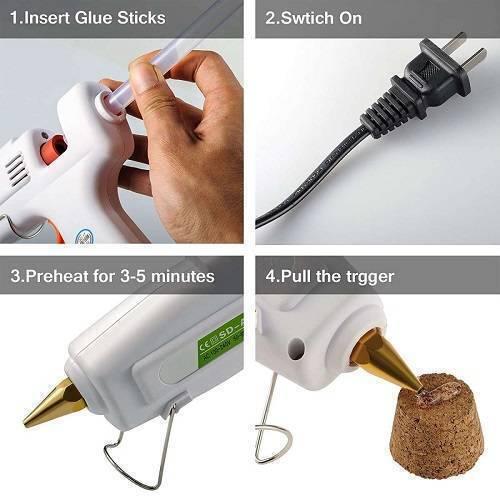 100W Hot Melt Glue Gun SD-a - shown in a four-step instructional graphic demonstrating how to insert a glue stick, plug it in, preheat, and use the trigger.
