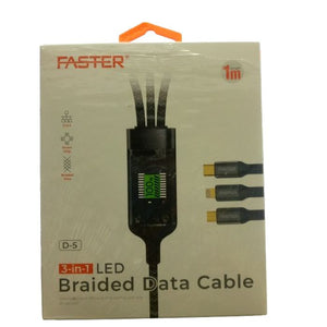 100W Super Fast Charging Cable 3 in 1 Braided Data Cable - a black cable with a 100W digital display and three connectors on a white background.