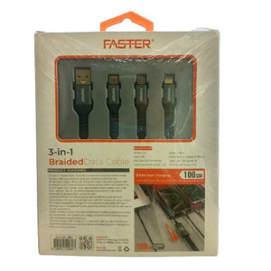 100W Super Fast Charging Cable 3 in 1 Braided Data Cable - a grey, multi-connector charging cable in its original retail packaging box with product features and specifications.