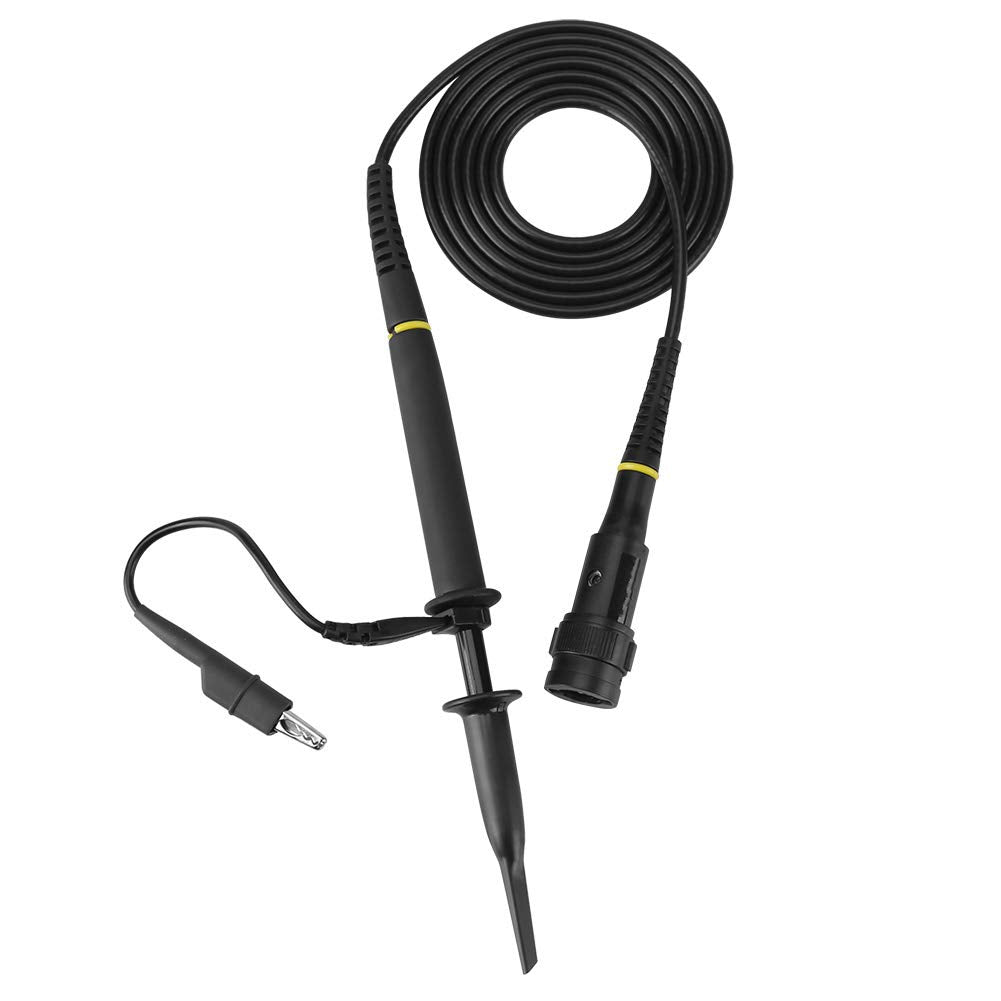 100X Oscilloscope Probe - shown as a black probe with a coiled cable, a BNC connector, and a ground lead with an alligator clip on a white background.