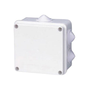100x100x70mm IP65 Waterproof Outdoor Electrical Cctv Enclosure Square Junction Box White ABS - square-shaped plastic box with three visible cable glands.