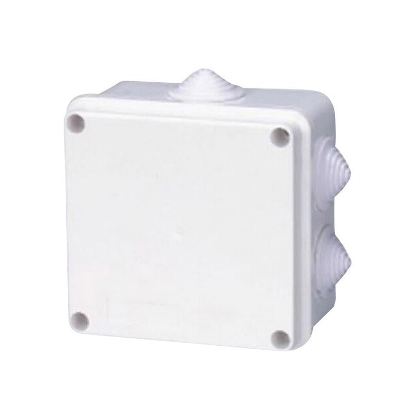 100x100x70mm IP65 Waterproof Outdoor Electrical Cctv Enclosure Square Junction Box White ABS - square-shaped plastic box with three visible cable glands.