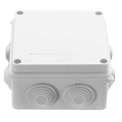 100x100x70mm IP65 Waterproof Outdoor Electrical Cctv Enclosure Square Junction Box White ABS - plastic box with multiple circular cable entry ports.