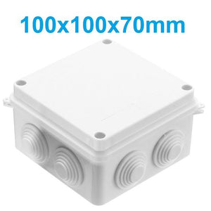 100x100x70mm IP65 Waterproof Outdoor Electrical Cctv Enclosure Square Junction Box White ABS - plastic electrical enclosure with circular cable entry ports on the sides and a screw-on lid.