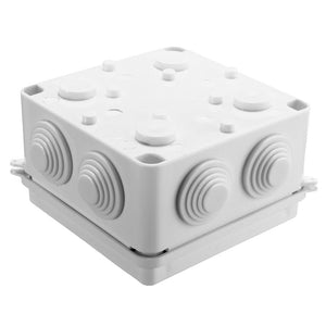 100x100x70mm IP65 Waterproof Outdoor Electrical Cctv Enclosure Square Junction Box White ABS - plastic box featuring multiple circular cable ports.