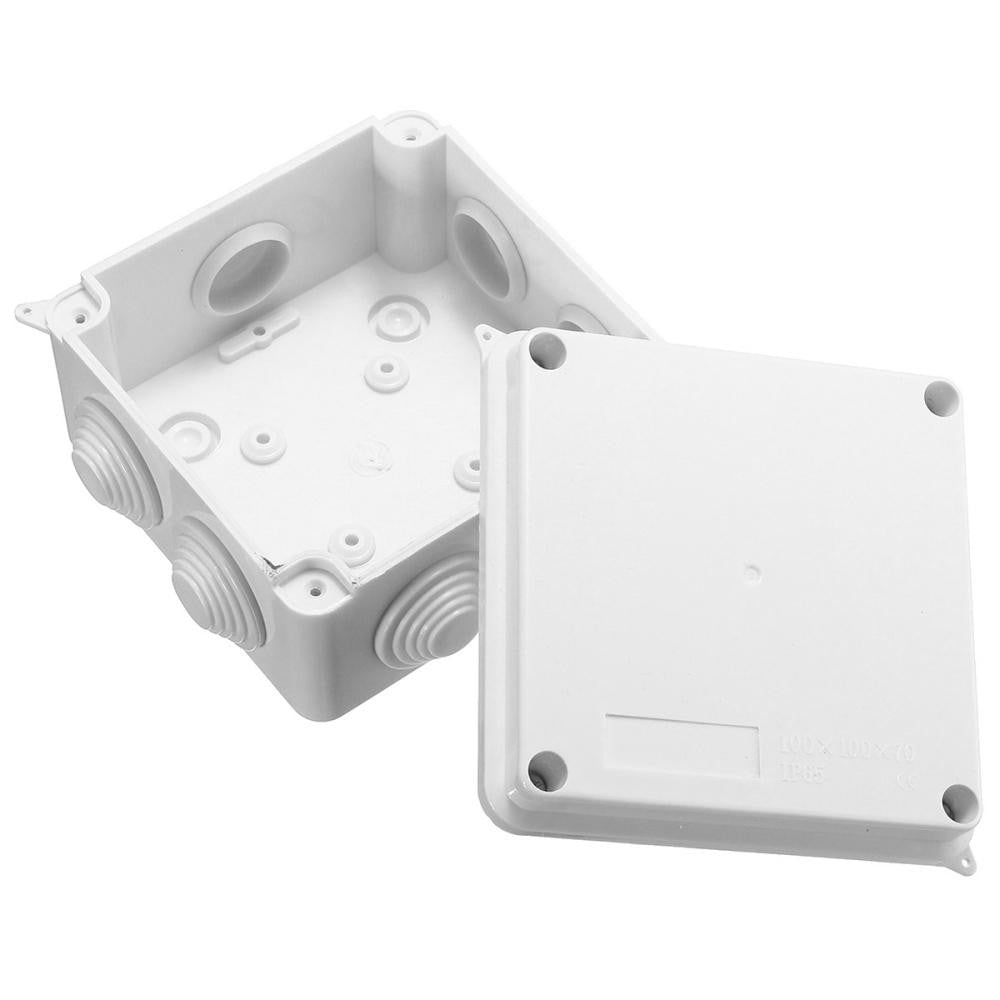 100x100x70mm IP65 Waterproof Outdoor Electrical Cctv Enclosure Square Junction Box White ABS - plastic junction box shown with its lid removed and placed beside it.