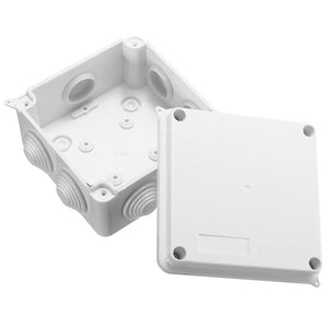 100x100x70mm IP65 Waterproof Outdoor Electrical Cctv Enclosure Square Junction Box White ABS - plastic junction box shown with its lid removed and placed beside it.