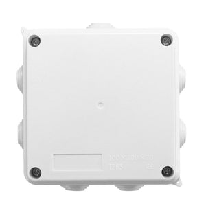 100x100x70mm IP65 Waterproof Outdoor Electrical Cctv Enclosure Square Junction Box White ABS - plastic electrical enclosure with four side ports and four corner screws on the top cover.