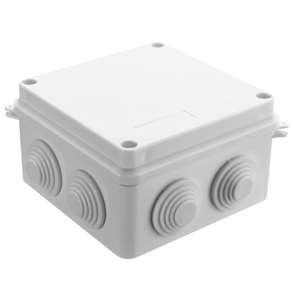 100x100x70mm IP65 Waterproof Outdoor Electrical Cctv Enclosure Square Junction Box White ABS - plastic box with circular cable entry ports.