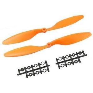 1045 Multiaxial Cw Ccw ABS Blade Propellers In Different Colors - show two orange propellers and two black sets of plastic mounting adapters on a white background.