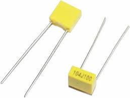 104J100 0.1uF 100V Radial Polyester Box Type Capacitor - shown as two yellow rectangular capacitors with two long metal leads each.