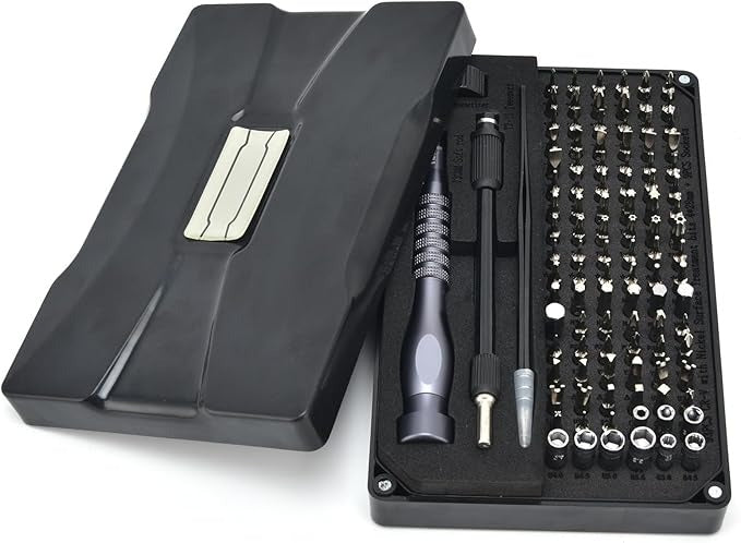 106pcs Jm-8177 Screwdriver Kit - Magnetic Repair Tool Set With Crv Plated Bits - a black open storage case containing a screwdriver handle, extension rod, tweezers, and an array of metal bits.