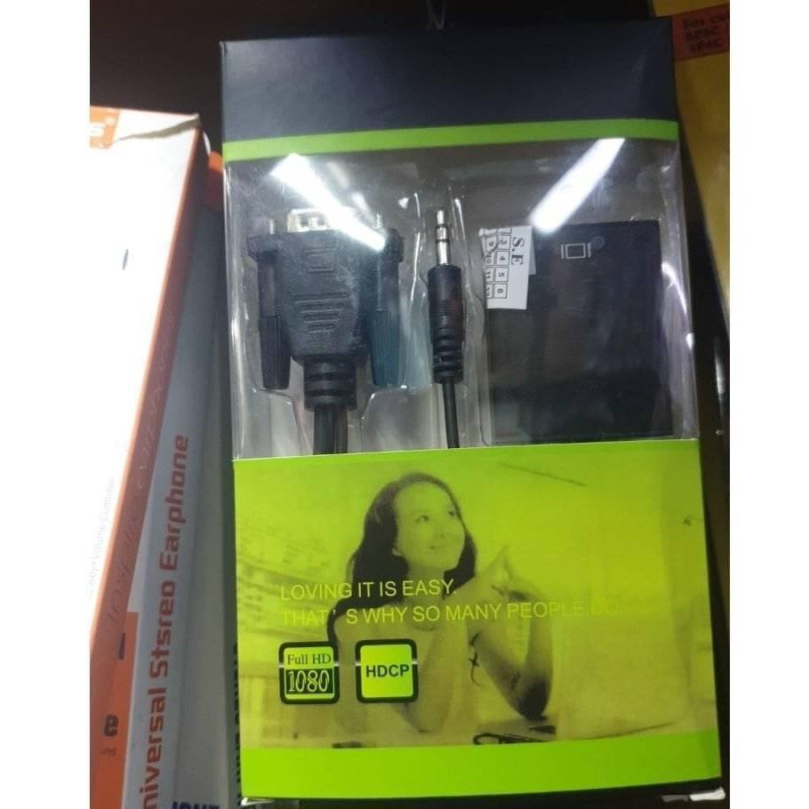 1080P VGA To HDMI Converter Adapter For Computer, Desktop, Laptop, Pc, Monitor, Projector, Hdtv With Audio Cable And USB Cable - shown in its retail packaging with a VGA cable, an audio cable, and a black converter box.