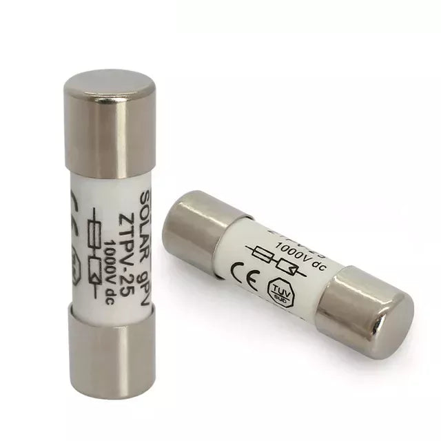 10A 1000V DC Fuse in Pakistan - two cylindrical white ceramic fuses with silver metal end caps, labeled "SOLAR gPV ZTPV-25 1000V dc" and featuring TUV certification.