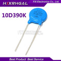 10D390K Varistor 390V 10mm Surge Protection Component - a blue, circular electronic component with two metal leads, featuring the text "ZOV 10D390K" printed on its surface.