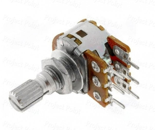 10k Dual Stereo Volume Type Variable Resistor Potentiometer - a silver metallic shaft with a knurled tip and six metal pins on a brown board.