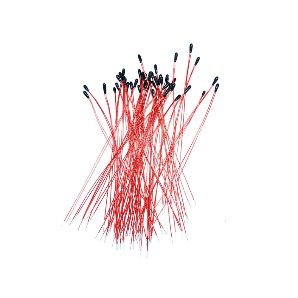 10k Precision NTC Thermistor - Temperature Sensor - a bundle of numerous sensors with black bead tips and thin red insulated wire leads.