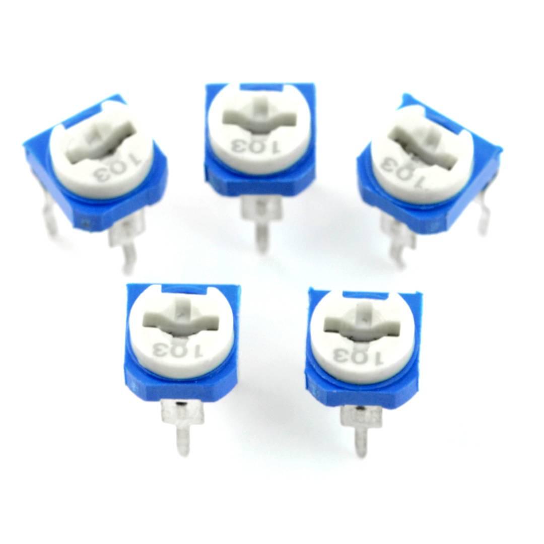 10k RM065 Variable Resistor - shown as a set of five blue and white electronic components with a rotatable adjustment slot marked with the number 103.