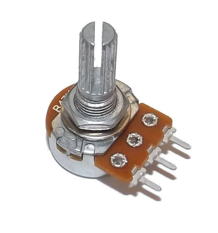 10k Variable Resistor Potentiometer Volume Type - a brown and silver electronic component with a vertical adjustment knob and three metal connection pins.