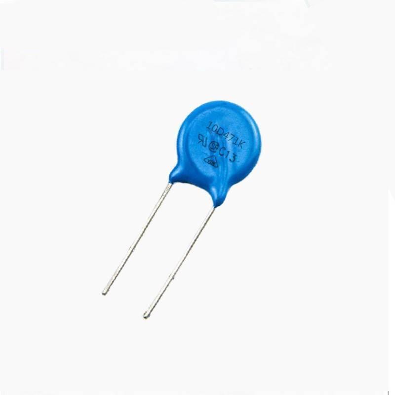 10K471 Varistor 10D471 10D471K 470 v - a blue, circular electronic component with two metal leads, featuring the text "10D471K" and safety certification marks printed on it.