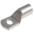10mm Copper Cable Lug with 5mm Bolt Hole | High Conductivity Thimble Lug - a silver-colored metal electrical lug featuring a cylindrical wire barrel and a flat terminal with a bolt hole.