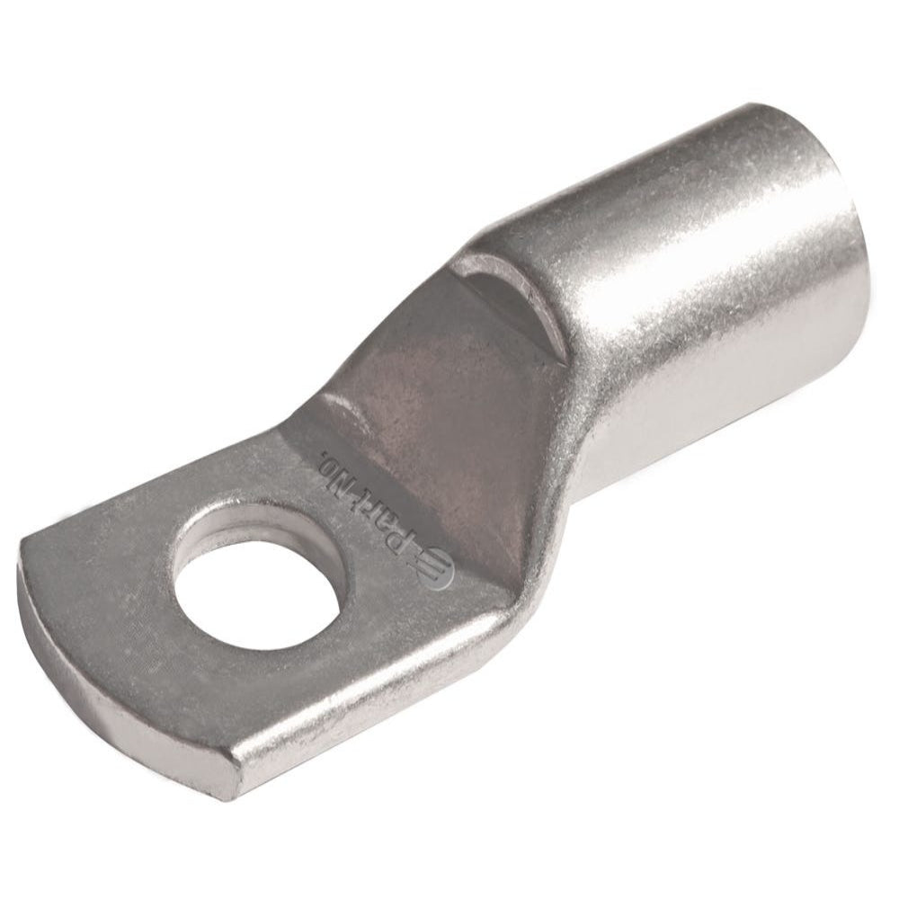 10mm Copper Cable Lug with 5mm Bolt Hole | High Conductivity Thimble Lug - a silver-colored metal electrical lug featuring a cylindrical wire barrel and a flat terminal with a bolt hole.