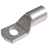 10mm Copper Cable Lug with 5mm Bolt Hole | High Conductivity Thimble Lug - a silver-colored metal electrical lug featuring a cylindrical wire barrel and a flat terminal with a bolt hole.