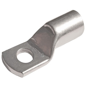 10mm Copper Cable Lug with 5mm Bolt Hole | High Conductivity Thimble Lug - a silver-colored metal electrical lug featuring a cylindrical wire barrel and a flat terminal with a bolt hole.