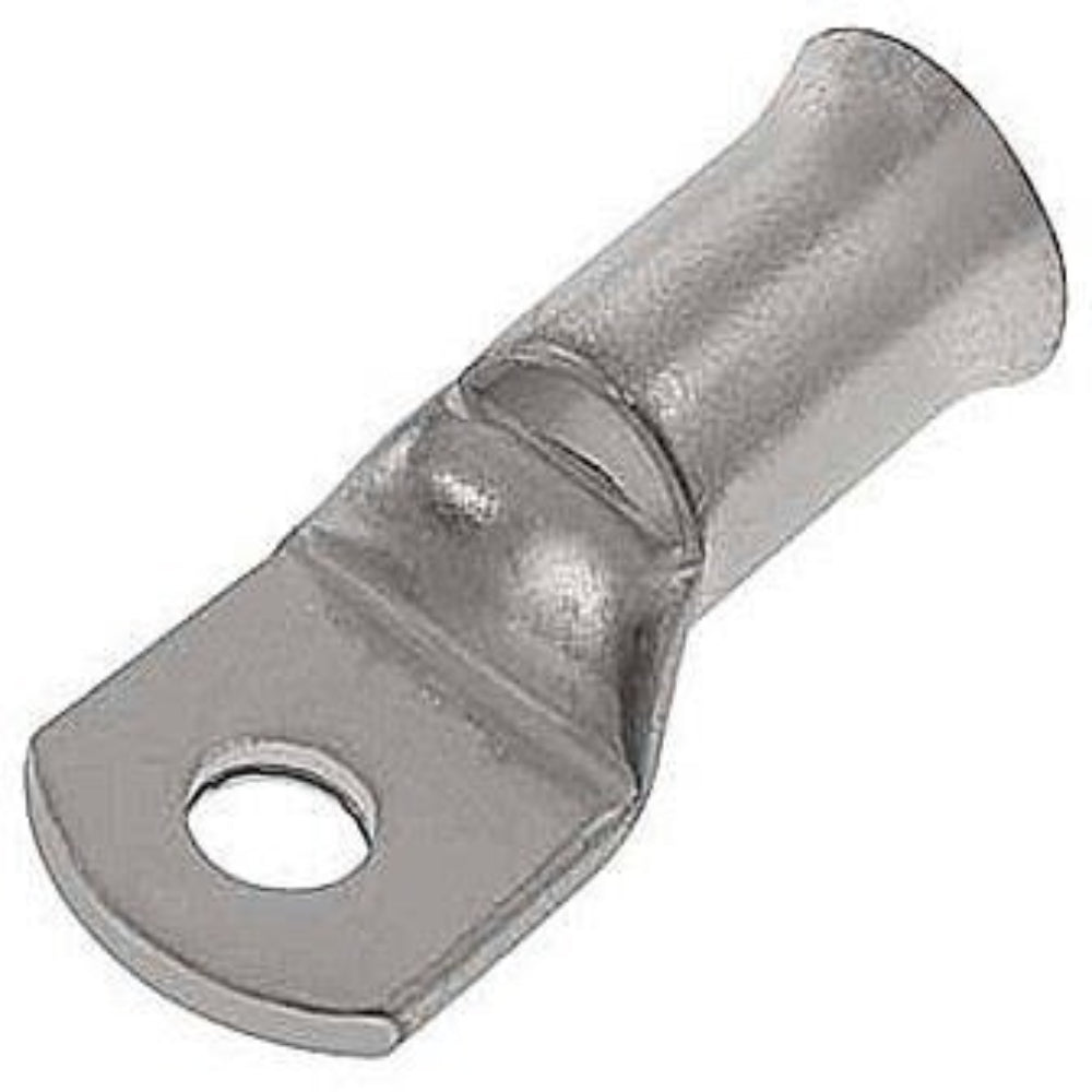 10mm Copper Cable Lug with 5mm Bolt Hole | High Conductivity Thimble Lug - close-up of a silver-colored metal ring terminal with a cylindrical wire barrel and a single bolt hole.