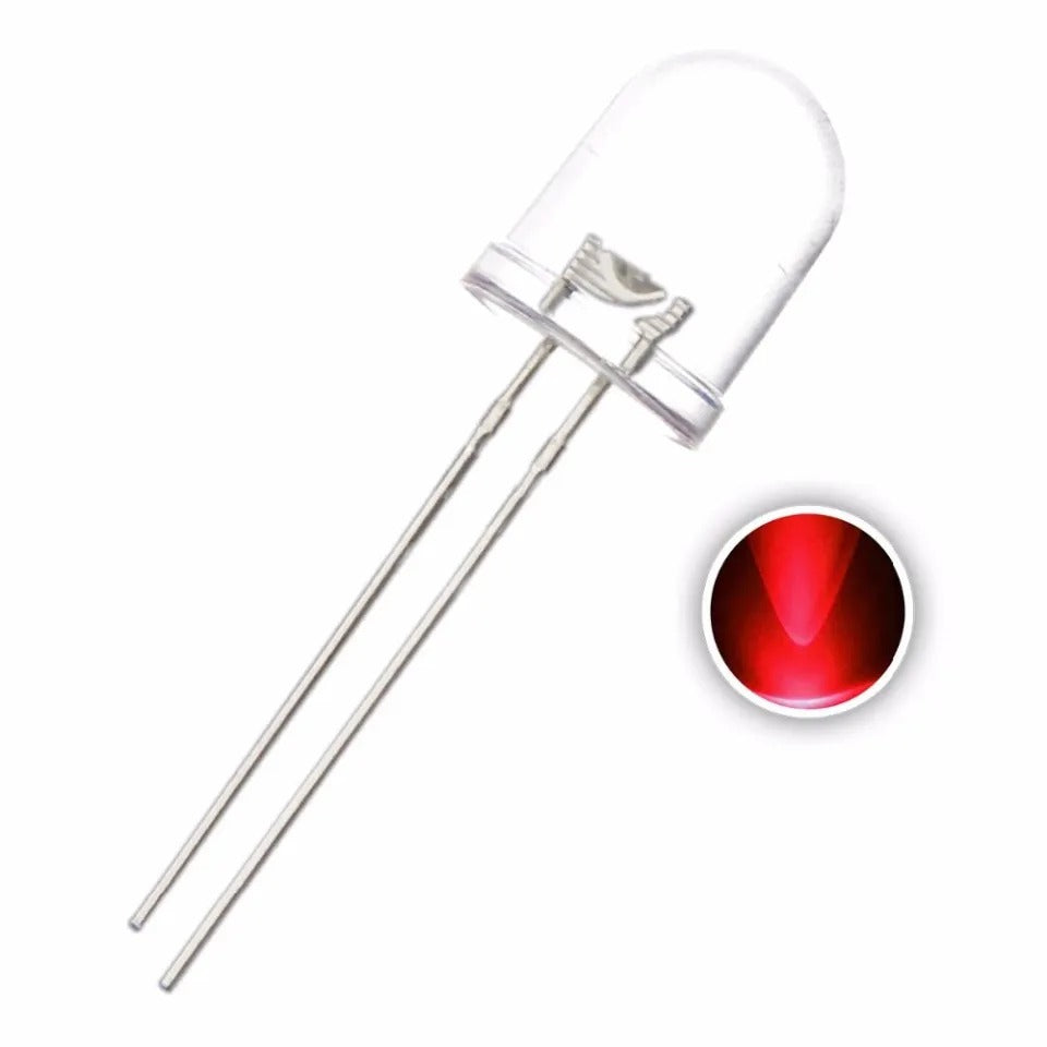 10mm Crystal Red LED Light Emitting Diode - shown as a clear, round-topped component with two metal pins and an inset circle displaying a red light.