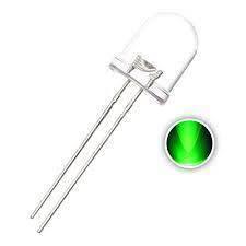 10mm Green LED Light Emitting Diode - shown as a clear, round-top component with two metal leads and a separate circular inset displaying a green light.