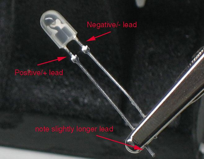 10mm Green LED Light Emitting Diode - a close-up showing the clear bulb, the two metal leads, and the longer positive lead marked with red text.