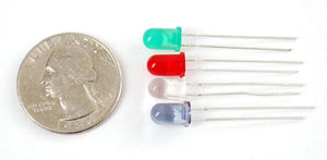 10mm Green LED Light Emitting Diode - shown alongside three other colored LEDs and a US quarter coin for size comparison.