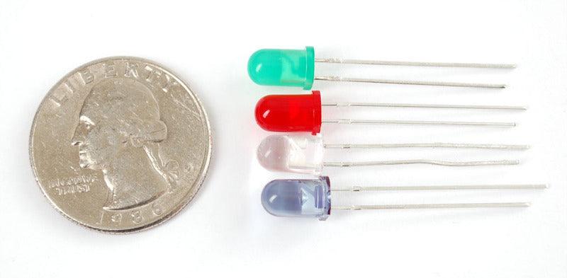 10mm Green LED Light Emitting Diode - shown alongside three other colored LEDs and a US quarter coin for size comparison.