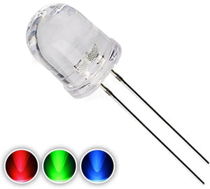 10mm LED Multi Color - a clear, dome-shaped LED component with two metal pins and three circular icons displaying red, green, and blue light.