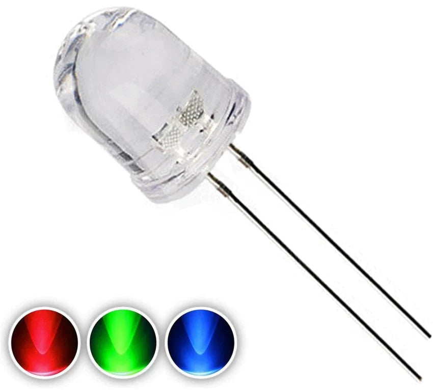 10mm LED Multi Color - a clear, dome-shaped LED component with two metal pins and three circular icons displaying red, green, and blue light.