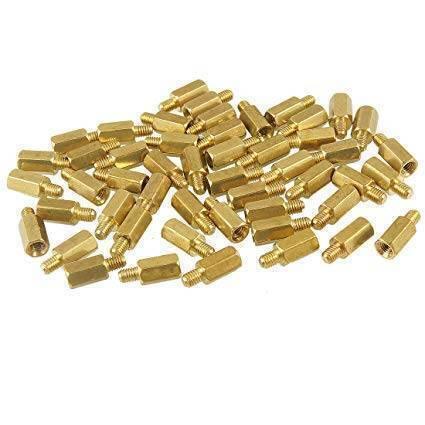 10mm+5mm M3 Male To Female PCB Spacer Brass PCB Standoff - shown as a pile of multiple gold-colored hexagonal metal standoffs with threaded ends.