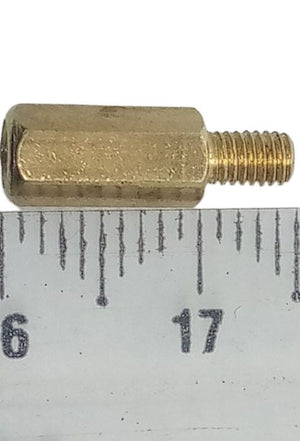 10mm+5mm M3 Male To Female PCB Spacer Brass PCB Standoff - shown in a close-up view alongside a ruler to indicate its size.