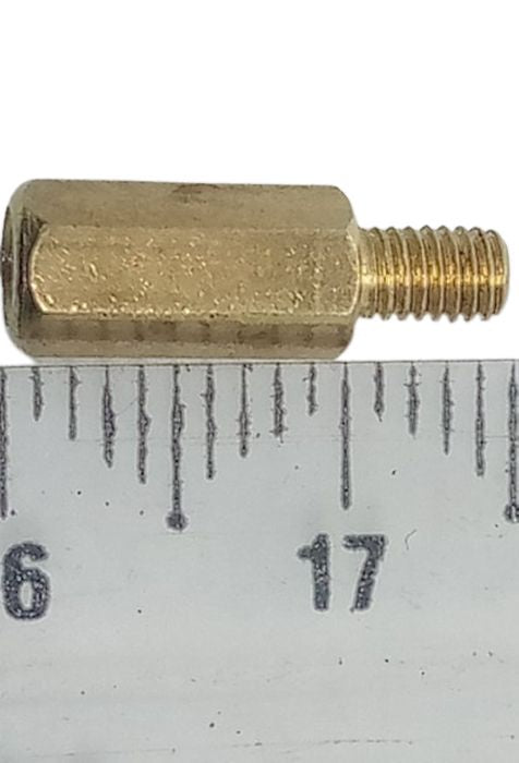 10mm+5mm M3 Male To Female PCB Spacer Brass PCB Standoff - shown in a close-up view alongside a ruler to indicate its size.