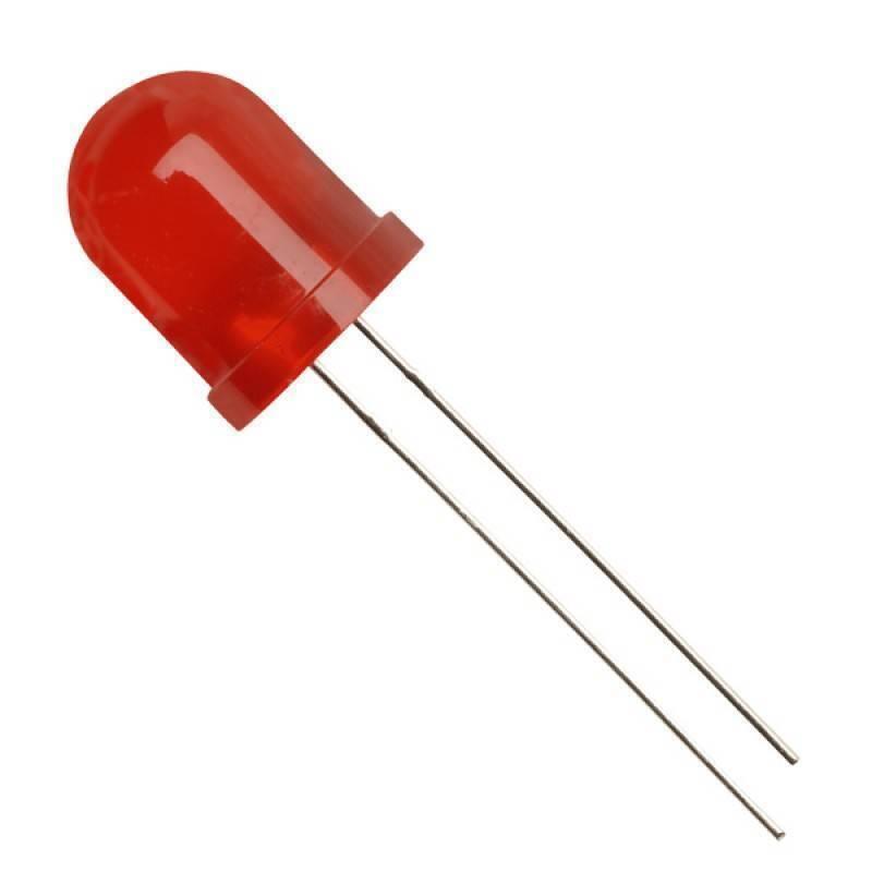 10mm Red LED Light Emitting Diode - shown as a single red-colored, round-top diode with two long metal leads extending from the base.
