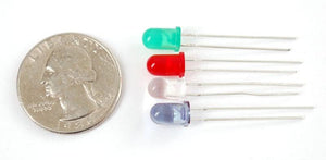 10mm Red LED Light Emitting Diode - shown alongside a US quarter coin and three other LEDs of different colors for size comparison.