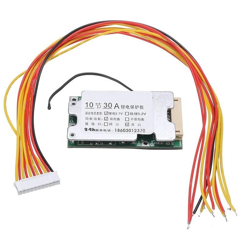 10S 36V 30A Li-ion Protection Board Li-ion Cell 18650 Battery Protection BMS - a rectangular circuit board with a silver metal heat sink, a white connector, and attached yellow and red wires.