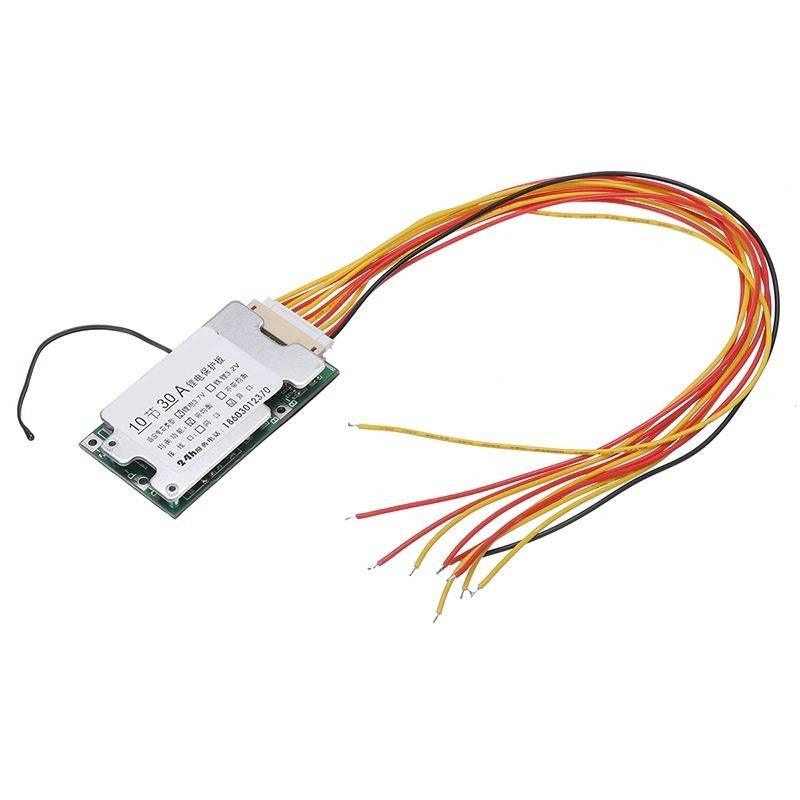 10S 36V 30A Li-ion Protection Board Li-ion Cell 18650 Battery Protection BMS - a green circuit board with a silver heat sink, a white connector, and a wire harness with multiple colored wires.