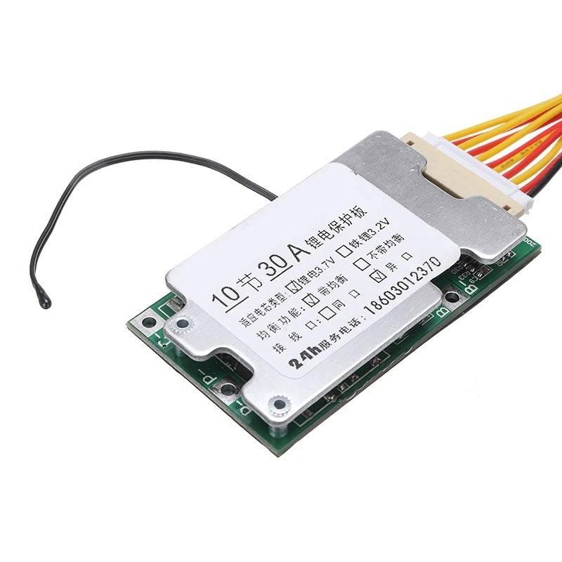 10S 36V 30A Li-ion Protection Board Li-ion Cell 18650 Battery Protection BMS - a green circuit board with a silver metal heat sink, a white wire harness, and a black temperature sensor.