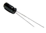 10uF 16V Radial Electrolytic Capacitor - shown as a black cylindrical electronic component with two long metal wire leads extending from one end.